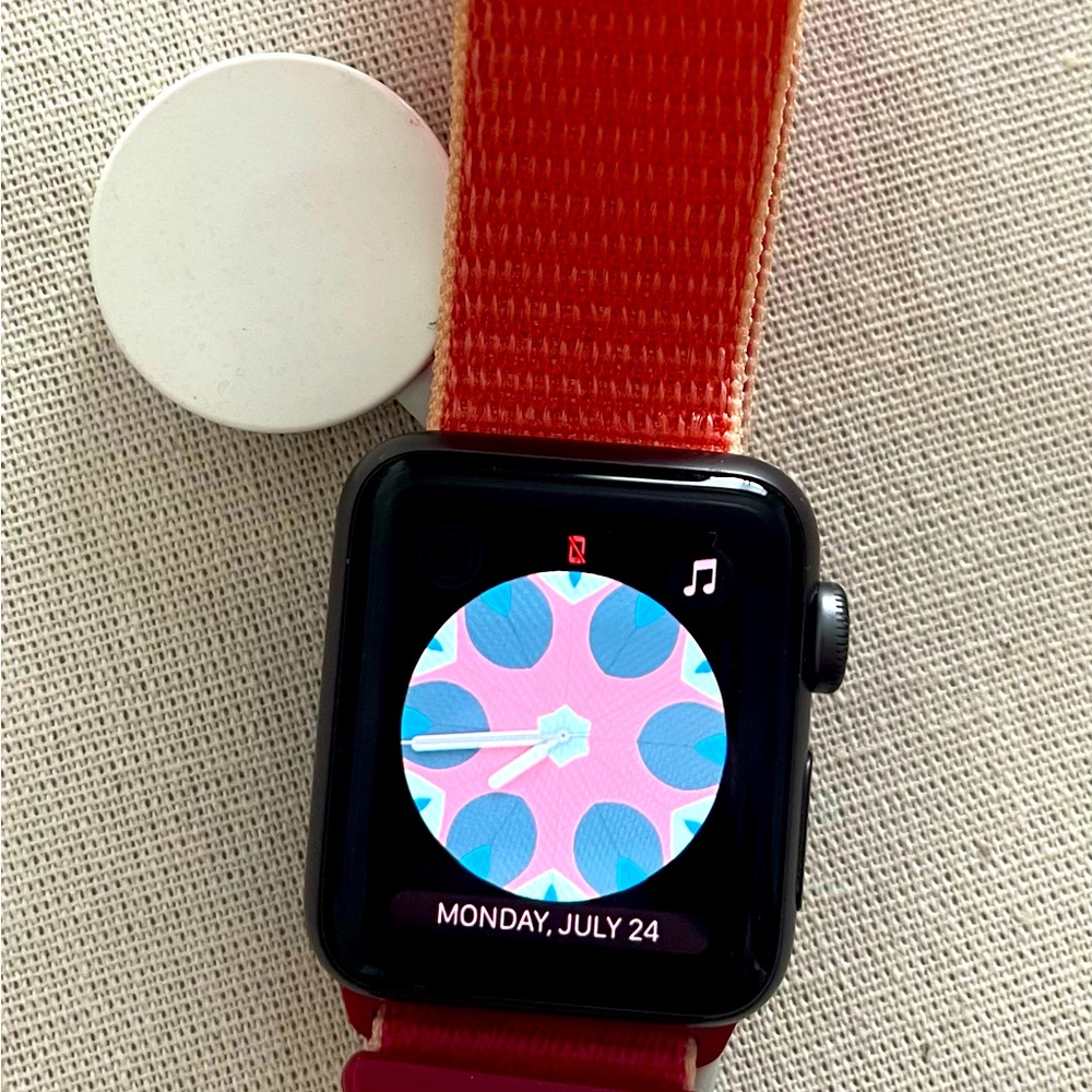 Apple IWATCH Series 3 38MM EUC MSRP $299 2 tone band with charger NO scratches